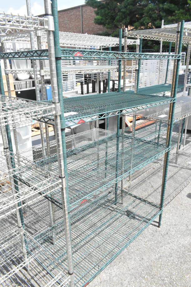 Metro Green 4-tier wire shelving unit, sturdy construction, dismantling required, consider freight costs.