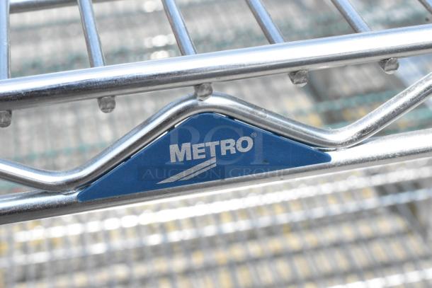 Metro chrome 4-tier wire shelving unit, shown with durable finish and Metro logo. Buyer must dismantle for shipping.