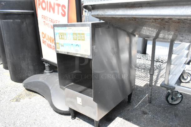 Bunn ICDD-3 Stainless Steel Dispenser, sleek design, good condition, visible control panel, ideal for beverage dispensing.