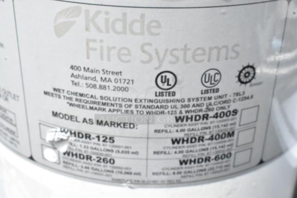 Kidde WHDR-125 Fire Suppression Tank, includes label with model and compliance details, pickup required, not for shipping.