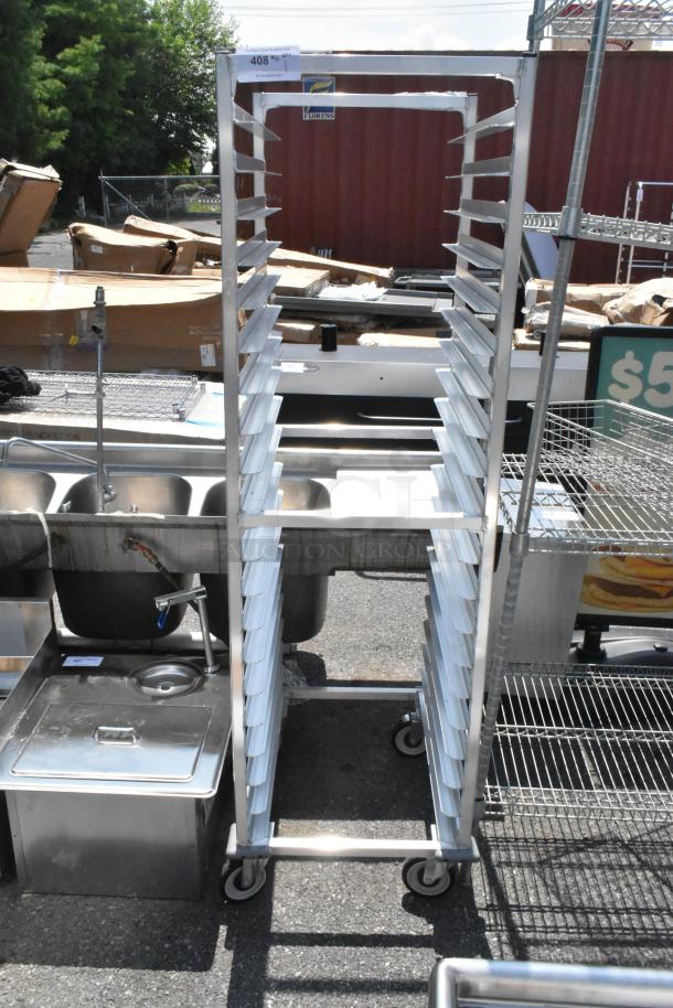 Brand new New Age metal commercial pan transport rack on casters, visible scratch and dent, with 20 shelving slots.