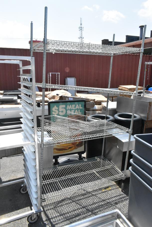 Chrome finish 4-tier wire shelving unit on casters. Buyer must dismantle. Freight charges apply.