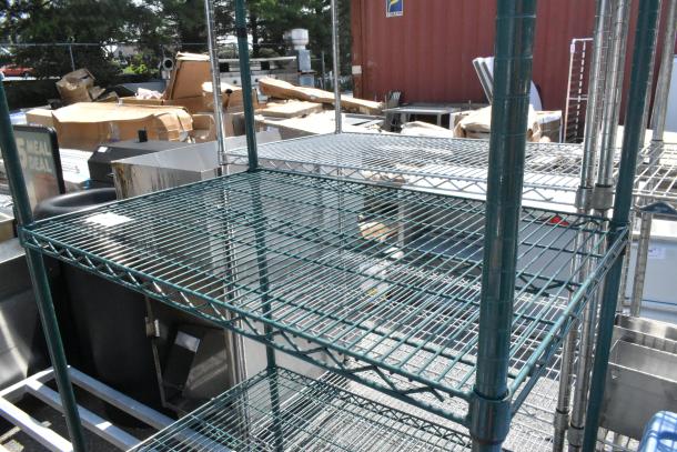 Metro green finish 4-tier wire shelving unit, sturdy, used condition, buyer dismantles for transport. Consider freight.
