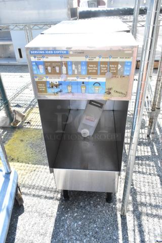 Bunn ICDD-3 stainless steel commercial countertop dispenser stand with iced coffee instructions panel, in used condition.