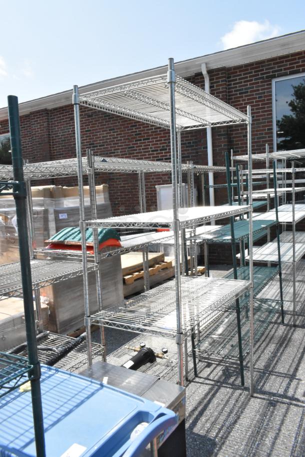 Metro 3-tier chrome wire shelving unit, outdoor setting. Clean condition, dismantling required by buyer. Consider freight.