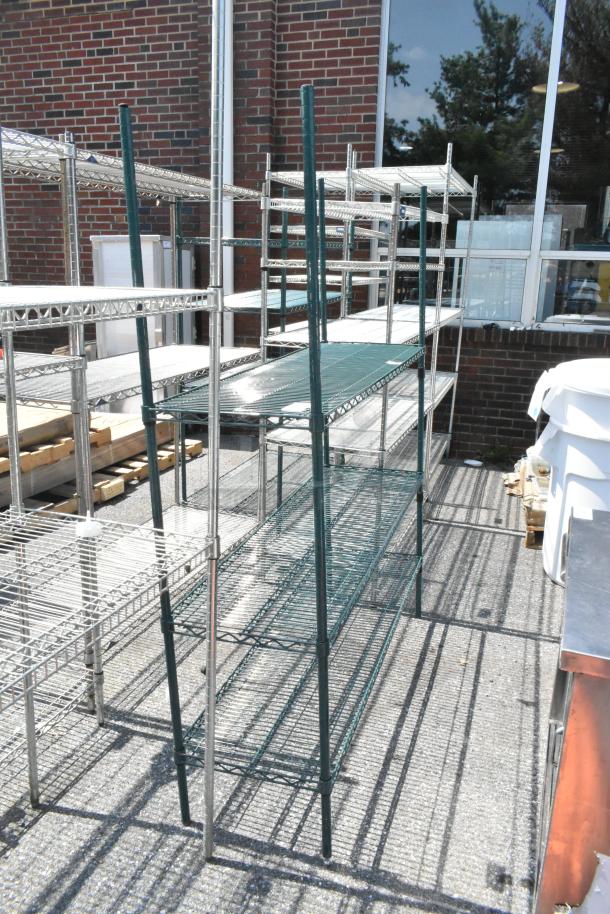 Metro Green Finish 3 Tier Wire Shelving Unit, sturdy metal, outdoor setting, buyer dismantle, freight needed.