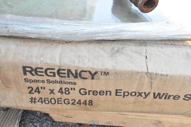 Pallet lot with various items including gas hoses and a 460EG2448 Regency 24" x 48" NSF green epoxy wire shelf. Box labeled.