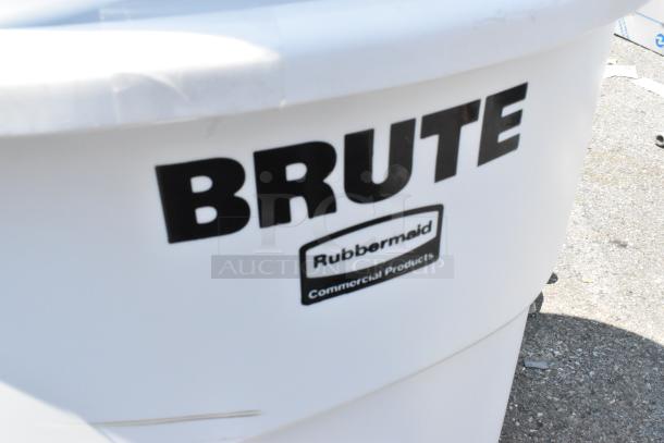Rubbermaid® BRUTE 55 Gallon White Trash Can, scratch and dent, new condition, logo visible, Commercial Products label.