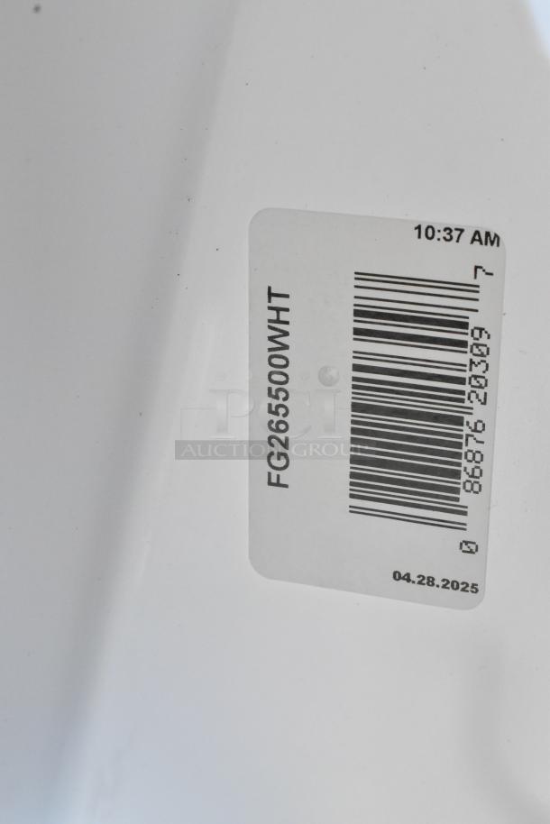 2 Rubbermaid BRUTE 55 Gallon White Trash Cans, model FG265500WHT, brand new scratch and dent, barcode label visible.
