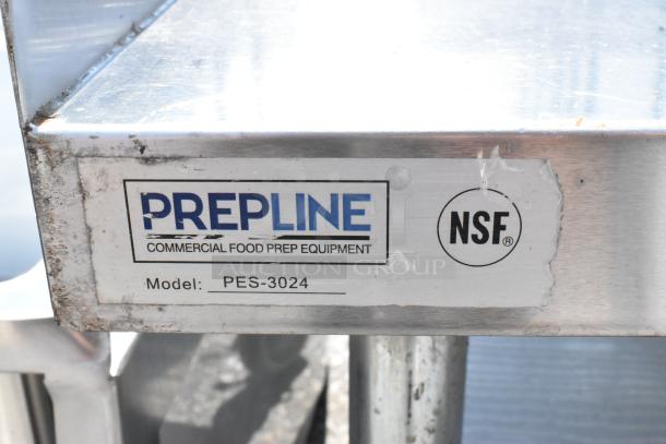 PrepLine PES-3024 equipment stand, stainless steel, metal under shelf, commercial casters, NSF certified, visible label.