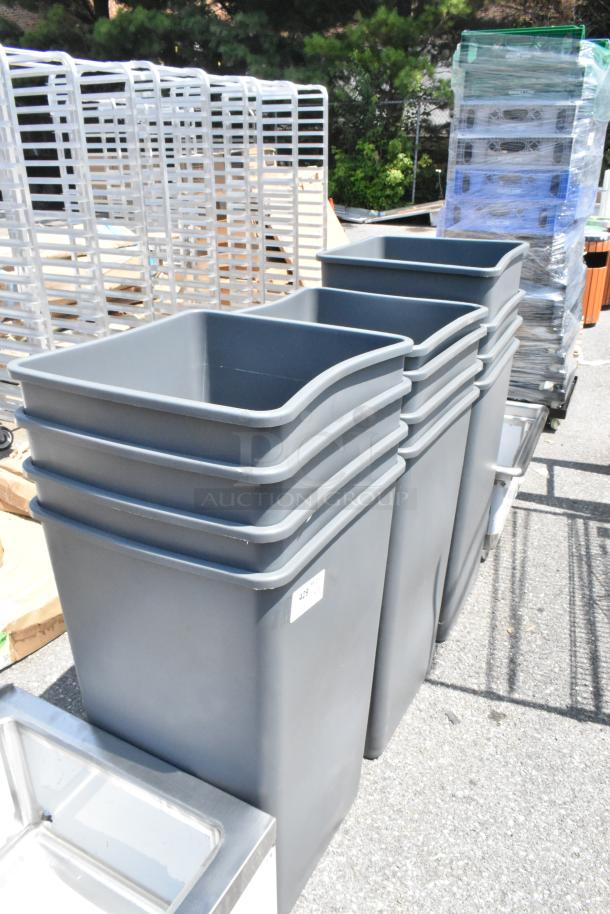12 brand new gray poly trash cans, slightly scratch and dented. Stackable design, durable material.