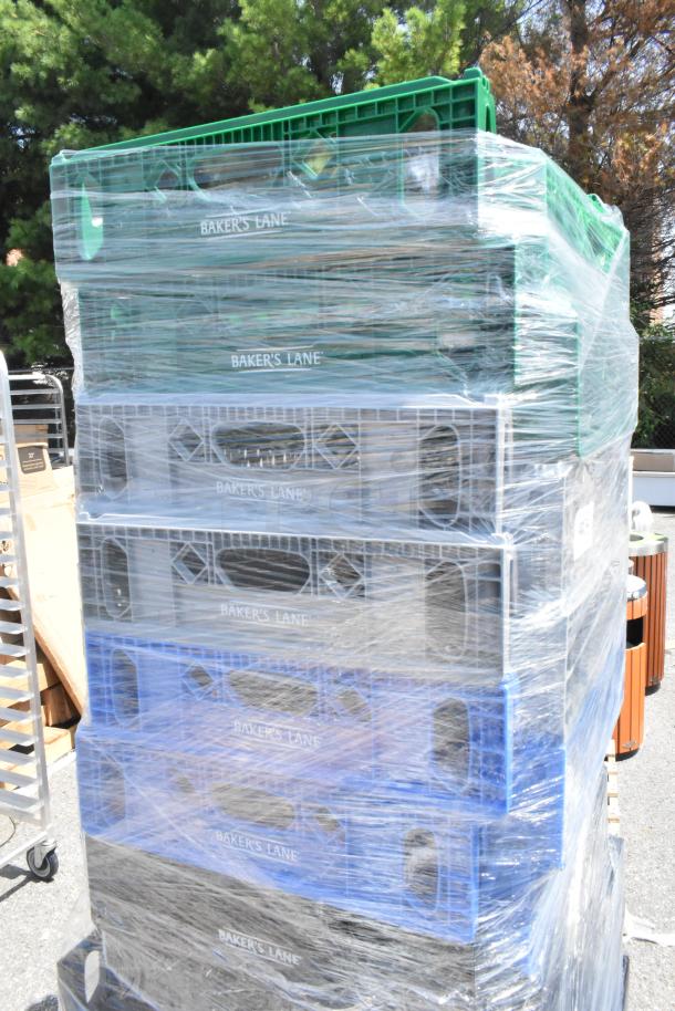 Shrink-wrapped stack of 14 Baker's Lane bread trays, 26"x22"x6", marked with minor imperfections.