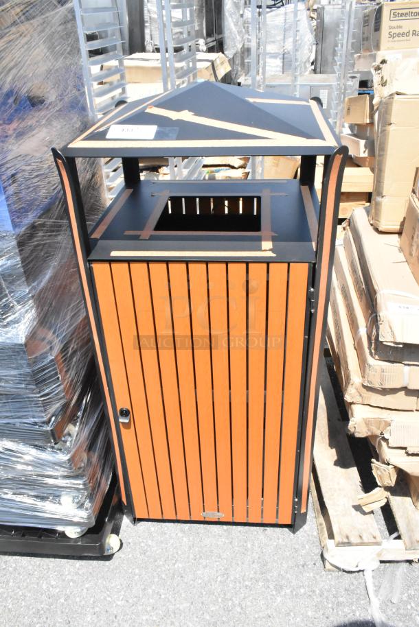 Brand new Lancaster Table & Seating trash can shell, metal and wood pattern, minor scratch and dent, durable outdoor use.