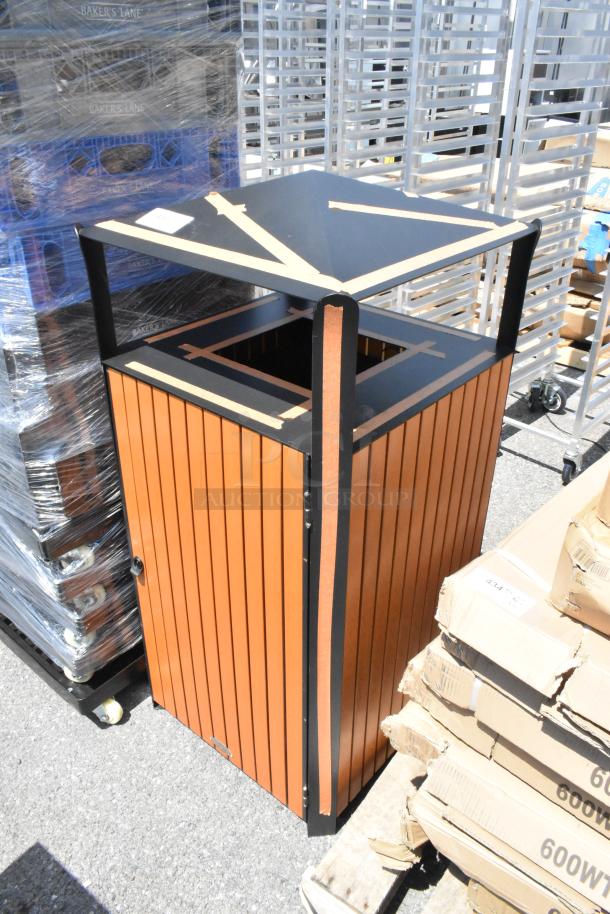 Brand new scratch and dent Lancaster Table & Seating metal and wood pattern trash can shell, top open, vertical slat design.