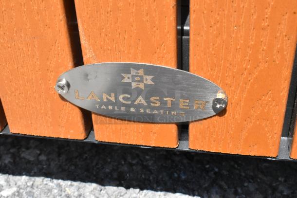 Lancaster Table & Seating metal and wood pattern trash can shell, brand new scratch and dent condition, with visible brand tag.