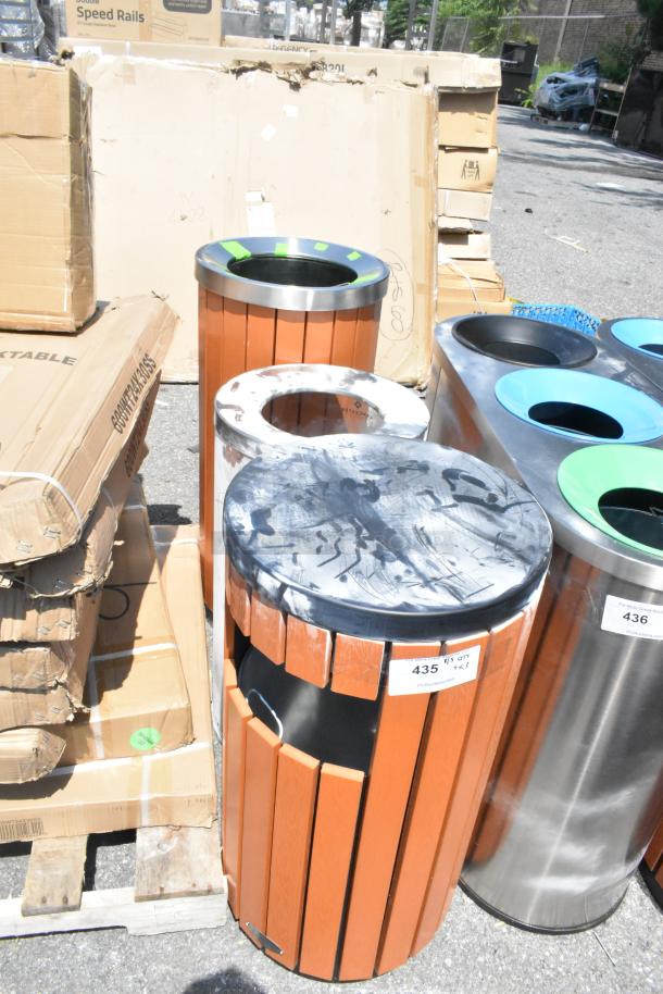 Three brand-new scratch and dent Lancaster Table & Seating metal and wood pattern trash can shells, labeled for auction.