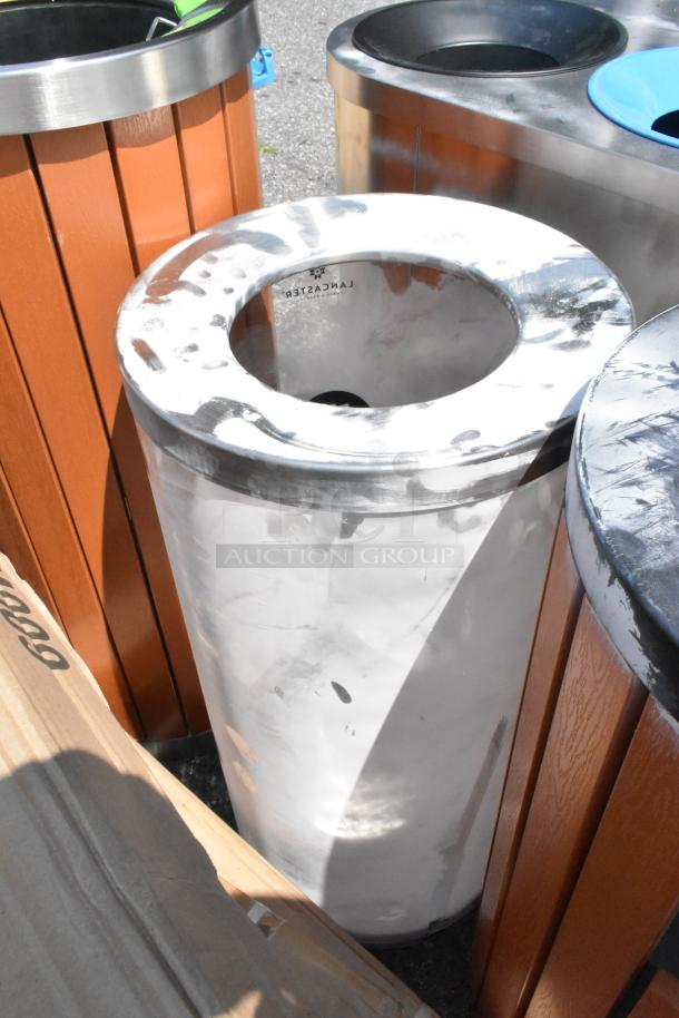 3 Lancaster Table & Seating metal and wood pattern trash can shells, brand new, scratch and dent condition.