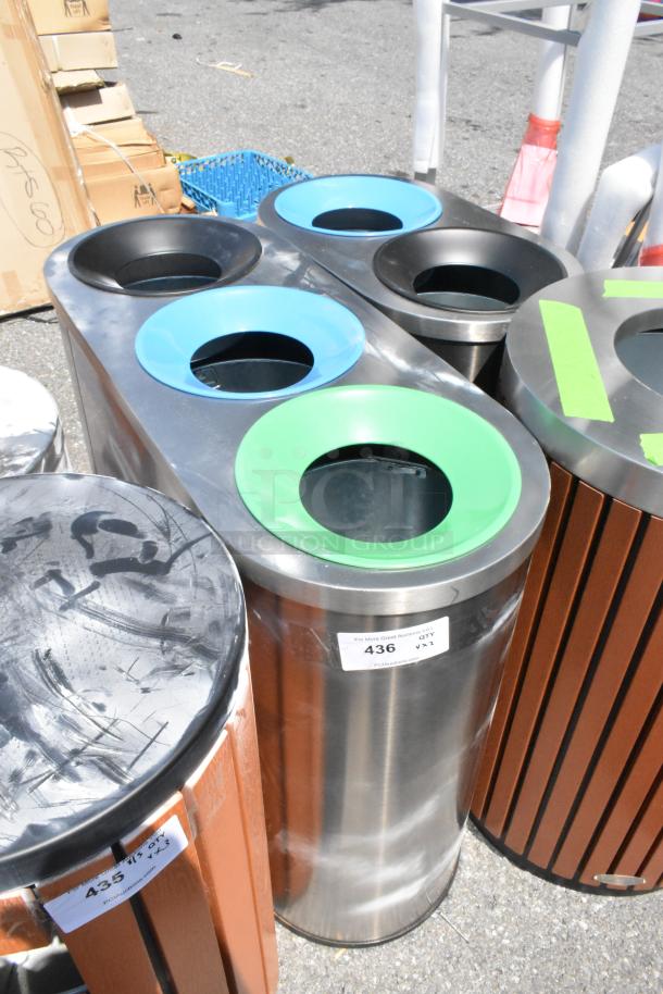 Stainless steel 3-well trash can shell, new scratch and dent. Dimensions: 14x36x29.5, 14x24x29.5. Color-coded lids.