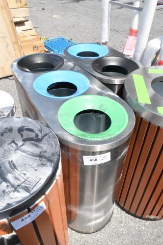 Stainless steel 3-well trash can shell, new scratch and dent. Dimensions: 14x36x29.5, 14x24x29.5. Color-coded lids.