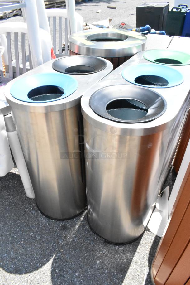 Stainless steel trash cans with three wells, new with scratch and dent. Sizes: 14x36x29.5 and 14x24x29.5 inches.