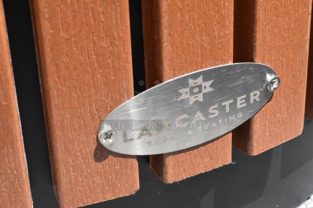 Lancaster Table & Seating trash can shell, metal and wood pattern, new with scratches, visible brand logo tag.