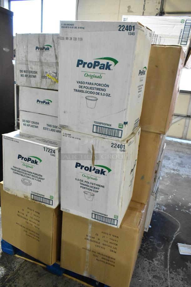 30 brand new boxes on a pallet. Includes National Imports Red Diffusers, ProPak 22401 polystyrene cups, 17224 lids.