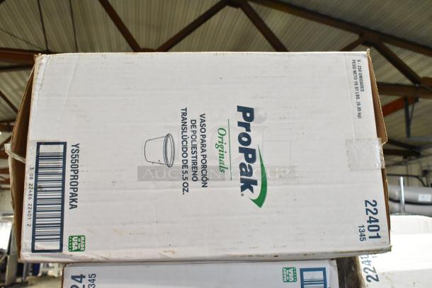 Stacked boxes labeled "ProPak Originals" containing polystyrene portion cups, with visible barcodes and "Made in USA" marking.