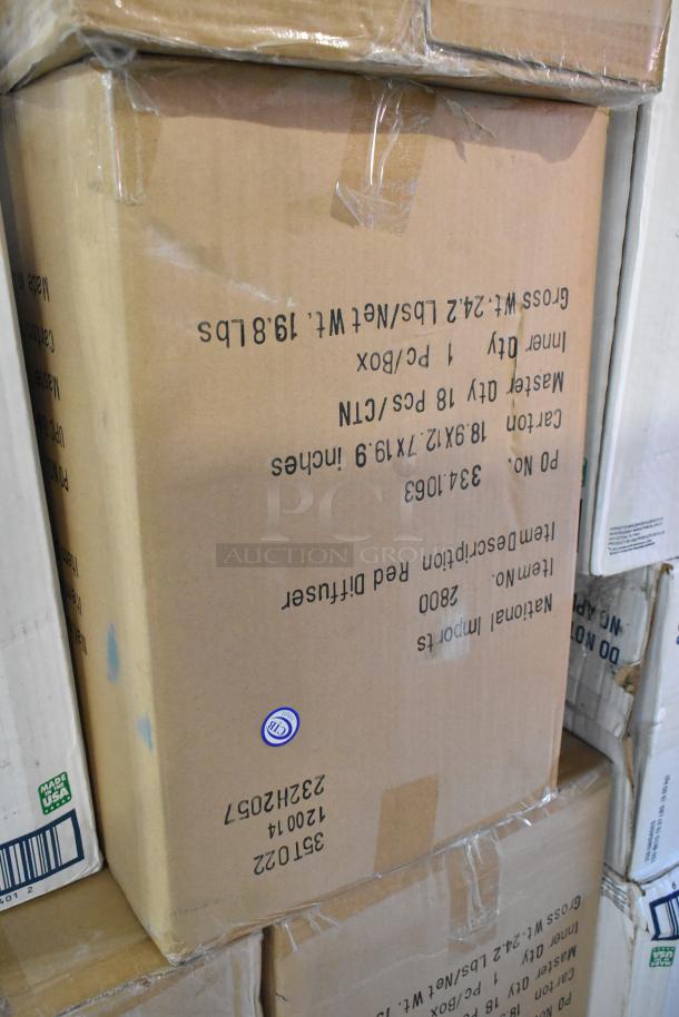 Boxes labeled National Imports Red Diffusers, ProPak Portion Cups and Lids. Scratch and dent; 30 times your bid.