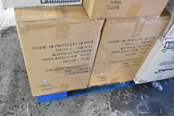 30 brand new scratch and dent boxes including National Imports Red Diffusers and ProPak portion cups. Visible box labeling.