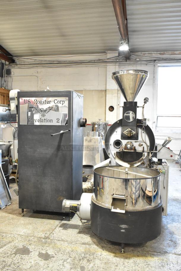 US Roaster Corp 23 Kilo natural gas coffee roaster, 3 phase, Revelation 2 model, industrial-grade metal, in used condition.