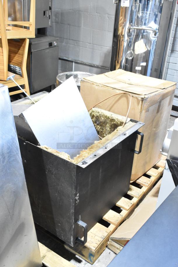 US Roaster Corp metal commercial coffee bean roaster, 23 kilo, natural gas powered, on pallet. 208-230/460V, 3 phase.