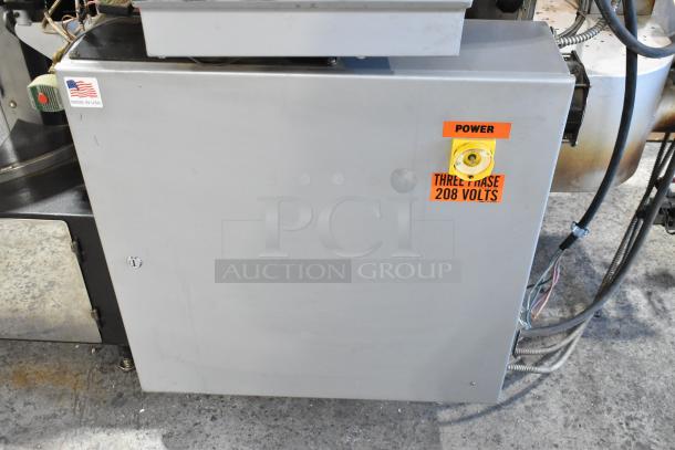 US Roaster Corp 23 Kilo Coffee Roaster, metal, natural gas, 208-230/460V, 3 phase, made in USA, power label visible.
