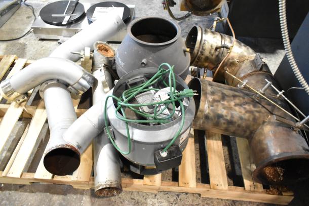 US Roaster Corp 23 Kilo natural gas coffee bean roaster components on a pallet. Industrial-grade, metal, pre-owned.