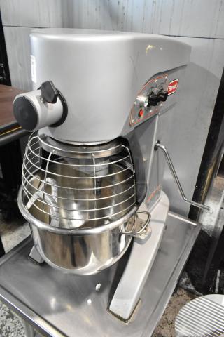 Berkel FMS20 Metal Commercial Countertop 20 Quart Planetary Dough Mixer w/ Stainless Steel Mixing Bowl, Bowl Guard and Dough Hook Attachment on Stainless Steel Equipment Stand on Commercial Casters. 100-120 Volts, 1 Phase. - Item #1198304
