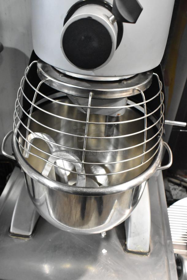 Berkel FMS20, 20-quart metal dough mixer with stainless steel bowl, bowl guard, and hook, on caster stand. 100-120V, 1 phase.
