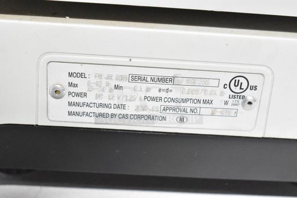 2018 CAS ER JR (CB) Countertop Food Portioning Scale, model ER JR (CB), label showing specs and UL certification.
