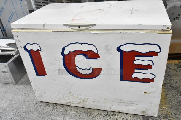 Frigidaire GLFC1526FW5 metal chest freezer, white with "ICE" text. 115 volts, 1 phase. Some visible wear and scuffs.