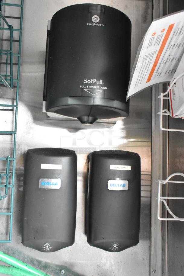 Sanitizer and soap dispensers in food trailer. Georgia-Pacific SofPull and Ecolab units visible, new condition.