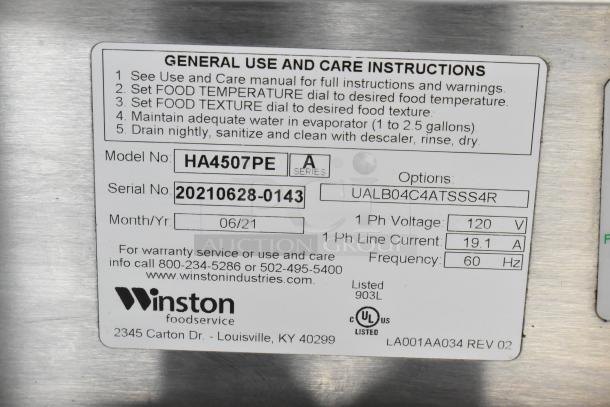 Label on fully equipped food trailer appliance, model HA4507PE, serial 20210628-0143. Voltage 120V, current 19.1A.