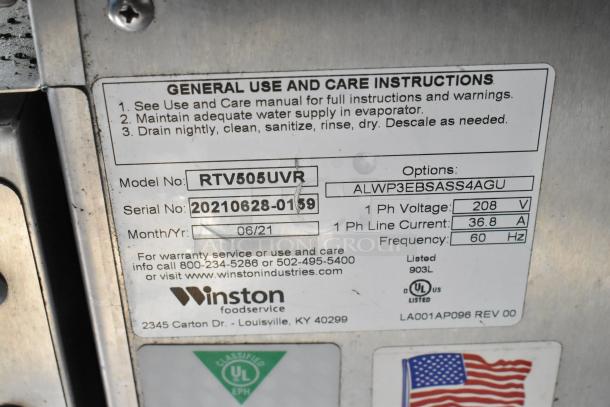 Label on a Winston Foodservice appliance in a food trailer, model RTV505UVR, serial 20210628-0159, voltage 208V.