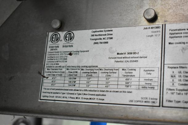 ETL label on CaptiveAire Systems exhaust hood, Model 3650 BD-2. Details airflow, clearance, cooking temperature, and compliance.