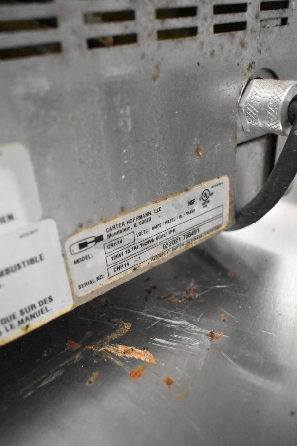 Carter Hoffmann appliance label showing model CNH14, 120V, 1820W, Serial No. 020221766491 in used condition.