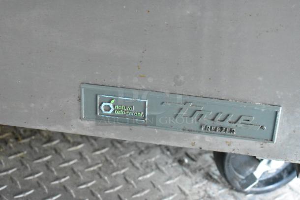 Metallic surface with "natural refrigerant" and "True Freezer" labels, indicating eco-friendly cooling. Wheel base visible below.