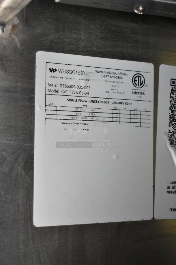 Label on food trailer appliance, model C/C F775-C3-34 by Wasserstrom, showing specifications and serial number G386309-001-003.
