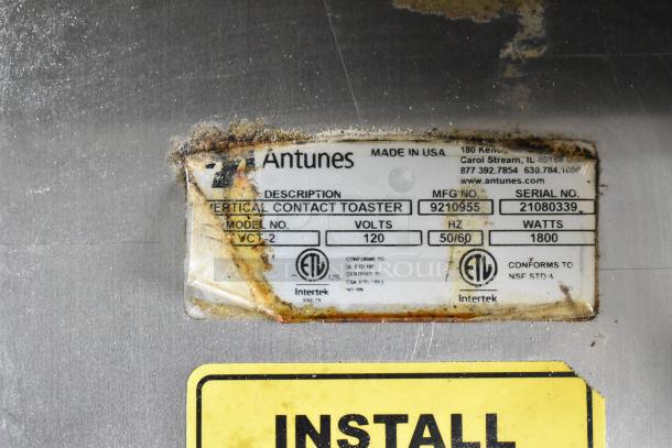 Antunes Vertical Contact Toaster label, showing model VCT-2, 120 volts, 1800 watts, serial 21080339, made in USA.