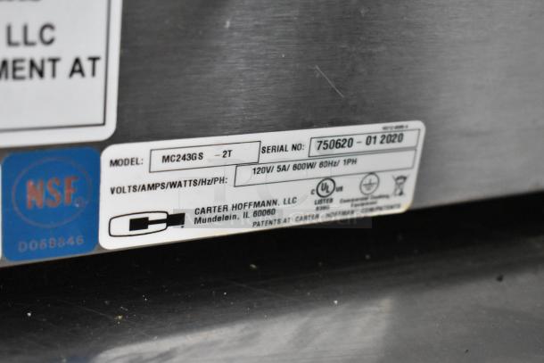 Food trailer appliance label, Model: MC243GS-2T by Carter Hoffmann. Serial: 750620, 120V, 5A, 600W, NSF certified.