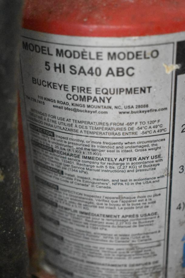 Label on Buckeye Fire Equipment fire extinguisher, model 5 HI SA40 ABC, with usage and maintenance instructions.