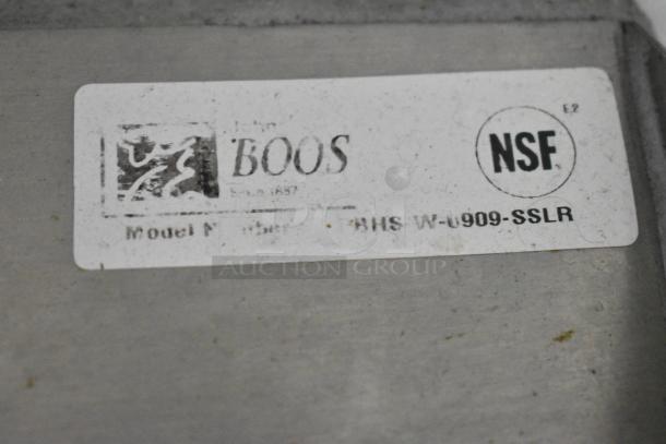 NSF-certified Boos appliance label, model RHS W-0909-SSLR, on gray metal surface.