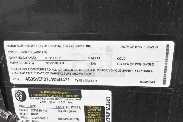 Label on SDG Trailers trailer. Shows specs: GVWR 6350 kg, GAWR 3175 kg, tire size ST235-80-R16, manufactured 09/2020.