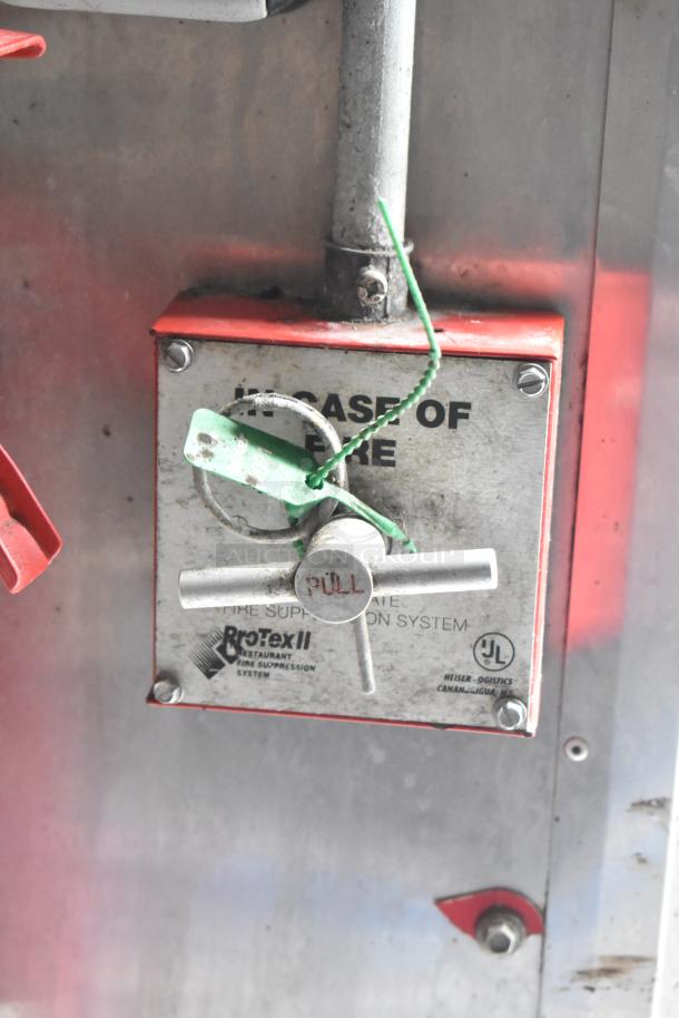 ProTex II fire suppression system control in stainless steel housing with red accents, labeled "In Case of Fire."